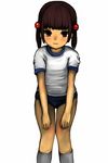  1girl 2016 black_hair blush child female gym_uniform hexenschuss loli looking_at_viewer shiny_skin smile solo 