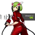  android ass bass386 copyright_name cowboy_shot dimension_w from_behind gas_pump_nozzle green_eyes green_hair highres looking_at_viewer looking_back md5_mismatch multicolored_hair open_mouth robot_ears short_hair smile solo streaked_hair tail teeth track_suit two-tone_hair yurizaki_mira 