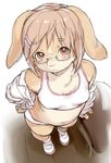  animal_ears blush breasts bunny bunny_ears foreshortening from_above fur furry glasses hand_on_hip kikurage_(crayon_arts) light_brown_hair long_sleeves looking_at_viewer off_shoulder original semi-rimless_eyewear short_hair small_breasts solo sports_bra standing 