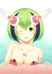  ;d android bare_shoulders blush breast_rest breasts cleavage collarbone dimension_w green_eyes green_hair headgear highres looking_at_viewer medium_breasts multicolored_hair one_eye_closed open_mouth panysua partially_submerged pool robot_ears short_hair smile solo streaked_hair two-tone_hair water yurizaki_mira 