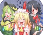  :d ^_^ ascot between_legs black_dress black_hair black_legwear blonde_hair blush closed_eyes dress eyebrows eyebrows_visible_through_hair fangs flandre_scarlet green_hair hand_between_legs hat houjuu_nue komeiji_koishi long_hair looking_at_viewer mob_cap multiple_girls oden_(th-inaba) open_mouth puffy_short_sleeves puffy_sleeves red_dress shirt short_dress short_hair short_sleeves sitting smile stage_connection thighhighs touhou white_shirt wide_sleeves yellow_shirt zettai_ryouiki 