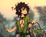  basket belt black_hair breasts brown_eyes cleavage covered_nipples cowboy_shot flower forest heart jason_robinson looking_away looking_to_the_side medium_breasts messy_hair nature original outdoors smile solo twilight 