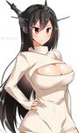  bangs black_hair blush breasts cleavage closed_mouth hand_on_hip headgear kantai_collection large_breasts long_hair long_sleeves meme_attire motion_lines nagato_(kantai_collection) open-chest_sweater red_eyes simple_background sleeves_past_wrists solo sweater turtleneck twitter_username upper_body white_background yuuki_hb 