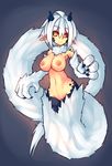  areolae black_sclera breasts claws eyebrows eyebrows_visible_through_hair fur highres horns lamia large_areolae large_breasts monster_girl navel nipples nude orange_eyes original paws pointy_ears scales shenti_(sub-res) short_hair solo sub-res white_fur white_hair 