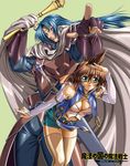  1girl armor blue_hair brown_hair cape copyright_name earrings fingerless_gloves gloves green_eyes headband highres jewelry long_hair louie_(mahou_senshi_louie) mahou_senshi_louie merrill short_hair sword weapon yokota_mamoru 