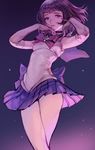  arched_back armpits ass bishoujo_senshi_sailor_moon bow circlet cowboy_shot elbow_gloves gloves gradient gradient_background highres lavender_eyes miniskirt parted_lips pleated_skirt purple_hair purple_sailor_collar racoona sailor_collar sailor_saturn sailor_senshi_uniform short_hair skirt solo tomoe_hotaru 
