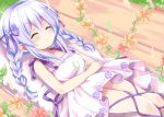  1girl bangs bare_arms bare_shoulders blurry blurry_foreground blush braid collarbone commentary_request depth_of_field dress eyebrows_visible_through_hair eyes_closed floral_print flower gochuumon_wa_usagi_desu_ka? hair_between_eyes hair_ribbon hands_on_own_stomach himarisu_(hida_mari) kafuu_chino long_hair orange_flower parted_lips petals purple_ribbon red_flower ribbon sidelocks signature sleeping sleeveless sleeveless_dress solo striped striped_ribbon thighs twin_braids twintails white_dress white_hair 