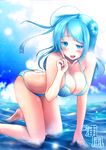  bikini blue_eyes blue_hair breasts cleavage double_bun frey hat kantai_collection kneeling large_breasts looking_at_viewer open_mouth partially_submerged solo swimsuit urakaze_(kantai_collection) water white_hat 