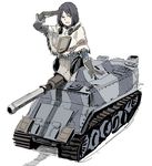  artist_request black_hair blue_eyes capelet gloves ground_vehicle headphones headphones_around_neck isara_gunther military military_vehicle motor_vehicle phallic_symbol salute senjou_no_valkyria senjou_no_valkyria_1 solo source_request tank 