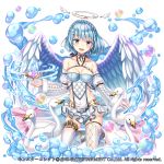  1girl :d angel_wings animal argyle_cutout bangs bare_shoulders bird black_bow black_choker blue_eyes blue_hair bow braid breasts choker cleavage collarbone covered_navel crystal detached_sleeves eyebrows_visible_through_hair feathered_wings full_body gradient hakuda_tofu halo head_tilt highres jewelry juliet_sleeves kneeling lace_trim long_sleeves looking_at_viewer medium_breasts miniskirt mismatched_legwear monster_collect official_art open_mouth puffy_sleeves short_hair simple_background single_earring single_garter_strap skirt sleeves_past_wrists smile solo swan thighhighs upper_teeth waist_cape water watermark white_background white_legwear white_skirt wide_sleeves wings zettai_ryouiki 