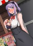  :d absurdres arm_behind_back bangs between_breasts black_skirt blurry blush bow bra breasts building buttons cleavage dagashi_kashi depth_of_field double-breasted dutch_angle eyelashes flower food full-face_blush hair_flower hair_ornament hairband highres lace lace-trimmed_bra large_breasts lingerie looking_at_viewer nail_polish neck_ribbon open_clothes open_mouth outdoors oxxo_(dlengur) purple_bra purple_eyes purple_hair red_nails red_ribbon ribbon ringed_eyes shidare_hotaru shirt short_hair skirt sleeveless smile solo suspender_skirt suspenders sweat sweatdrop teeth umaibou unbuttoned underwear white_shirt 