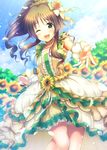  ;d brown_eyes brown_hair center_frills flower hair_flower hair_ornament highres idolmaster idolmaster_cinderella_girls idolmaster_cinderella_girls_starlight_stage long_hair looking_at_viewer ment one_eye_closed open_mouth ponytail smile solo takamori_aiko 