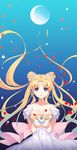  bare_shoulders bishoujo_senshi_sailor_moon blonde_hair blue_background blue_eyes bow breasts cleavage crescent dakun double_bun facial_mark forehead_mark hair_ornament hairpin highres huge_bow long_hair looking_at_viewer medium_breasts moon petals pink_bow princess_serenity smile solo tsukino_usagi twintails upper_body 