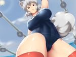  animal_ears breasts eyebrows highres inubashiri_momiji large_breasts looking_at_viewer looking_down one-piece_swimsuit red_eyes red_legwear school_swimsuit short_hair silver_hair solo swimsuit tail thick_eyebrows thick_thighs thighs tochinoko touhou wolf_ears wolf_tail 