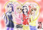  4girls airbrush_(medium) alternate_hair_length alternate_hairstyle aono_miki commentary_request cowboy_shot dated fresh_precure! friends grin heart heart_arms higashi_setsuna highres kagawa_hisashi lineup looking_at_viewer momozono_love multiple_girls older pantyhose precure red_background simple_background smile yamabuki_inori 