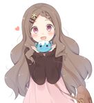  aoba_kokona bag blush braid brown_hair dress flower hair_ornament handbag heart long_hair looking_at_viewer open_mouth plushie simple_background smile solo stuffed_toy very_long_hair white_background yama_no_susume 