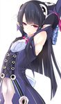  anette_(pso2) arm_behind_head armpits arms_up black_hair cleavage_cutout dress flat_chest frilled_sleeves frills hair_ornament headgear long_hair long_sleeves looking_at_viewer open_mouth phantasy_star phantasy_star_online_2 pointy_ears red_eyes simple_background solo stretch sukage white_background 