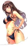  absurdres bikini blue_bikini breasts brown_eyes brown_hair chen_lan commentary_request cowboy_shot derivative_work hand_on_hip highres kasumigaoka_utaha large_breasts long_hair looking_at_viewer multi-strapped_bikini navel saenai_heroine_no_sodatekata side-tie_bikini simple_background smile solo string_bikini swimsuit vector_trace white_background 