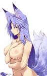  animal_ears bangs between_legs blush breasts closed_mouth clothes_removed collarbone commentary_request expressionless fox_ears fox_tail green_eyes groin hand_between_legs hand_on_own_chest highres kikyou_(sakuragi_rian) kitsune large_breasts long_hair multiple_tails nail_polish navel nude original parted_bangs purple_eyes purple_nails sakuragi_rian solo stomach tail tsurime upper_body 