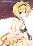  bad_id bad_pixiv_id banned_artist black_choker blonde_hair blue_eyes bow choker edna_(tales) gloves hair_bow hair_ribbon hairband holding looking_at_viewer mirai_(macharge) parasol ribbon solo tales_of_(series) tales_of_zestiria umbrella 