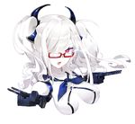  bad_id bad_pixiv_id breasts cannon cleavage cleavage_cutout commentary_request criin dark_persona glasses hair_over_one_eye horns kantai_collection kashima_(kantai_collection) lipstick looking_at_viewer lowres makeup medium_breasts open_mouth red_eyes shinkaisei-kan solo twintails upper_body wavy_hair white_skin 