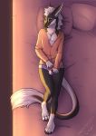  anthro bed bulge clothing dragon embarrassed fur furred_dragon girly hi_res horn lutti male pillow r&#039;hael shy smile solo sweater underwear 