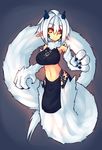  bare_shoulders black_sclera breasts claws eyebrows eyebrows_visible_through_hair fur highres horns lamia large_breasts midriff monster_girl navel orange_eyes original paws pelvic_curtain pointy_ears scales shenti_(sub-res) short_hair solo sub-res white_fur white_hair 