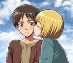  2boys armin_arlert blonde_hair blue_sky blush child cloud clouds eren_yeager eyes_closed incipient_kiss male_focus moxue_qianxi multiple_boys outdoors shingeki_no_kyojin shirt short_hair sky standing yaoi 