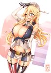  areola_slip areolae belt belt_buckle blonde_hair blue_eyes blush breasts buckle damu_ningen elbow_gloves front-tie_top garter_straps gloves hair_between_eyes headgear highres huge_breasts iowa_(kantai_collection) kantai_collection long_hair microskirt mismatched_legwear navel one_eye_closed open_mouth skirt smile solo star star-shaped_pupils striped striped_legwear symbol-shaped_pupils thighhighs vertical-striped_legwear vertical-striped_skirt vertical_stripes wrist_cuffs 