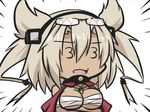  3_3 bangs blonde_hair breast_hold breasts cape chibi collar commentary crossed_arms dark_skin eyewear_on_head glasses goma_(gomasamune) hair_between_eyes hair_flaps hair_ornament headgear kantai_collection large_breasts megane_megane musashi_(kantai_collection) open_mouth sarashi sketch solo squinting twintails 