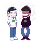  akumatsu arms_behind_back black_hair denim earlobes enerunaru hands_in_pocket highres hood hoodie jeans kamimatsu male_focus multiple_boys osomatsu-san pants red_sclera shaded_face sharp_teeth simple_background smile teeth white_background yellow_eyes 