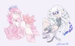  animal animal_on_head arm_rest artist_name bangs blue_eyes blunt_bangs choker crossed_legs domino_mask inkling long_hair mask moray_eel multiple_girls on_head pink_eyes pink_hair sea_slug simple_background sitting splatoon_(series) splatoon_1 teruo_(sento1336) twitter_username white_eyes 