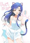  animal_ears bare_shoulders blue_hair blush brown_eyes cat_ears cat_tail cowboy_shot dress dress_lift earrings highres idolmaster idolmaster_(classic) inoue_sora jewelry kemonomimi_mode kisaragi_chihaya long_hair looking_at_viewer open_mouth smile solo speech_bubble sundress tail translated twitter_username 