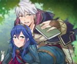  1boy 1girl a_meno0 ass blue_eyes blue_hair blush book cape couple fire_emblem fire_emblem:_kakusei gloves hetero long_hair lucina male_my_unit_(fire_emblem:_kakusei) mejiro my_unit_(fire_emblem:_kakusei) nintendo open_mouth robe short_hair silver_hair tiara 