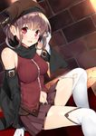  bare_shoulders breasts brown_hair cape demon_girl demon_horn detached_collar gloves hat large_breasts long_sleeves looking_at_viewer navel open_mouth original pointy_ears red_eyes shirt sitting skirt smile solo thighhighs thighs white_gloves white_legwear wide_sleeves yappen zettai_ryouiki 