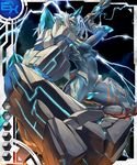  1girl black_sclera blue blue_skin card_(medium) demon golem gran_(taimanin_asagi) horn horns mikoyan monster_girl navel nipples pointy_ears silver_hair taimanin_asagi taimanin_asagi_battle_arena toned warrior yellow_eyes 