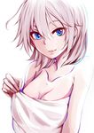  anastasia_(idolmaster) blue_eyes breasts cleavage collarbone highres idolmaster idolmaster_cinderella_girls looking_at_viewer parted_lips short_hair silver_hair small_breasts smile solo white_background yuzu_(masami) 