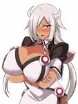  blush breasts cleavage crossed_arms dark_skin hacka_doll hacka_doll_0 hair_over_one_eye huge_breasts long_hair looking_at_viewer nega96396 open_mouth red_eyes silver_hair simple_background solo twintails white_background 