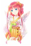  artist_name bad_id bad_pixiv_id bangs blue_eyes floral_print flower hair_flower hair_ornament highres kaminary looking_at_viewer original pink_hair see-through short_hair_with_long_locks solo star star_hair_ornament upper_body white_background wings 