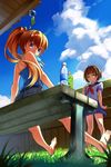  ahoge bangs bare_legs bare_shoulders barefoot belt bench blonde_hair blue_eyes blue_shirt blue_sky blunt_bangs blurry blush bob_cut bottle brown_hair bush camisole cloud day depth_of_field eating fence food from_behind from_below full_body grass green_eyes highres karakushi long_hair looking_at_viewer looking_back mouth_hold multiple_girls original outdoors plant pleated_skirt pocari_sweat popsicle sailor_collar school_uniform serafuku shirt short_hair short_sleeves sitting skirt sky sleeveless sleeveless_shirt spaghetti_strap standing sunlight tareme toes water_bottle white_shirt wind_chime wooden_fence 