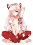  arm_behind_head bad_id bad_pixiv_id barefoot blush bow breasts center_opening collarbone fujiwara_no_mokou full_body hair_bow hair_ribbon indian_style long_hair looking_at_viewer navel no_bra one_eye_closed open_clothes open_shirt panties pants red_eyes ribbon shinoba shirt simple_background sitting small_breasts solo striped striped_panties torn_clothes torn_sleeves touhou tress_ribbon underwear very_long_hair white_background white_hair white_shirt 