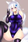  animal_ears blush breasts collar competition_swimsuit fox_ears fox_tail heart highres kutan large_breasts long_hair mizuki_(kutan) one-piece_swimsuit original purple_eyes shiny shiny_clothes silver_hair smile solo spoken_heart swimsuit tail thighhighs 