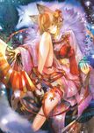  animal_ears blonde_hair bottle fan fire_emblem fire_emblem_cipher fire_emblem_if flower fox_ears fox_tail fur_trim hair_flower hair_ornament highres kinu_(fire_emblem_if) kitsune leaf multicolored_hair nejita official_art orange_hair sitting solo tail two-tone_hair yellow_eyes 