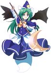  bat_wings blue_capelet bow capelet e.o. ghost_tail green_eyes green_hair hat highres long_hair long_sleeves looking_at_viewer mima polearm shirt skirt skirt_set solo touhou touhou_(pc-98) very_long_hair vest weapon wings 