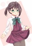  bad_id bad_pixiv_id black_hair glasses green_eyes highres kantai_collection masayo_(gin_no_ame) okinami_(kantai_collection) open_mouth pantyhose school_uniform short_hair skirt smile solo 