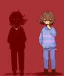  androgynous bad_id bad_twitter_id brown_eyes brown_hair chara_(undertale) dark_persona expressionless finger_to_mouth frisk_(undertale) full_body heart heart_necklace jewelry knife knife_behind_back koyashaka looking_at_viewer multiple_others necklace pants red_background short_hair silhouette simple_background smile spoilers standing striped striped_sweater sweater undertale |_| 
