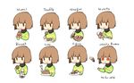  bon_bon bread brown_eyes brown_hair butter_knife cake candy chara_(undertale) chocolate chocolate_bar chocolate_cake chocolate_covered chocolate_tart commentary english food misha_(hoongju) multiple_views nougat nutella red_eyes scarf shirt spoilers striped striped_shirt taking undertale 