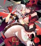  2girls ahoge arc_system_works ass bare_shoulders belt black_hair blush bodysuit boots breasts candy fingerless_gloves from_behind gloves green_eyes guilty_gear guilty_gear_xrd guilty_gear_xrd:_revelator halo hat heterochromia i-no jack-o_(guilty_gear) large_breasts lollipop long_hair looking_at_viewer multicolored_hair multiple_girls open_mouth oro_(sumakaita) red_eyes red_hair shiny shiny_hair shiny_skin silver_hair smile tongue tongue_out very_long_hair 