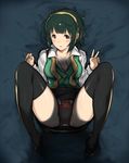  black_legwear blush breasts buttons cleavage green_hair hanarito idolmaster idolmaster_(classic) large_breasts long_sleeves looking_at_viewer mole mole_under_mouth open_mouth otonashi_kotori panties red_eyes shadow short_hair skirt solo spread_legs thighhighs underwear v 