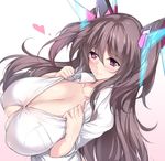  bangs blush breasts brown_hair bursting_breasts buttons cleavage collarbone eyebrows eyebrows_visible_through_hair from_above hair_between_eyes heart huge_breasts long_hair looking_at_viewer looking_up minamon_(vittel221) original pink_eyes shirt simple_background smile solo twintails upper_body very_long_hair white_shirt 